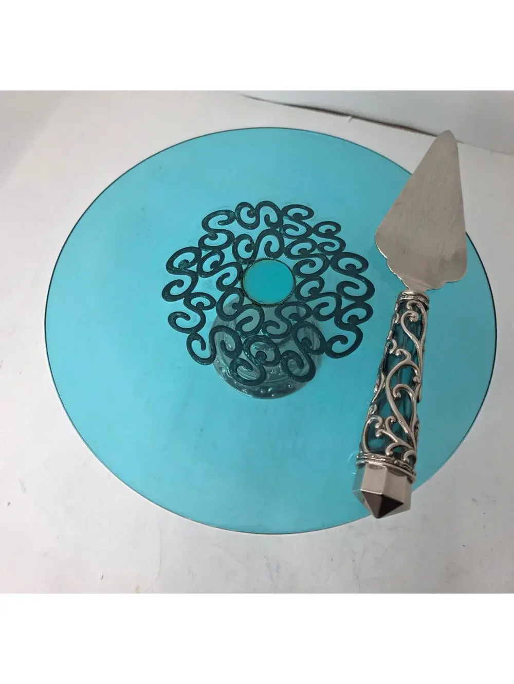 Cake Plate & Server Teal/Turquoise Blue & Silver Plated Glass
